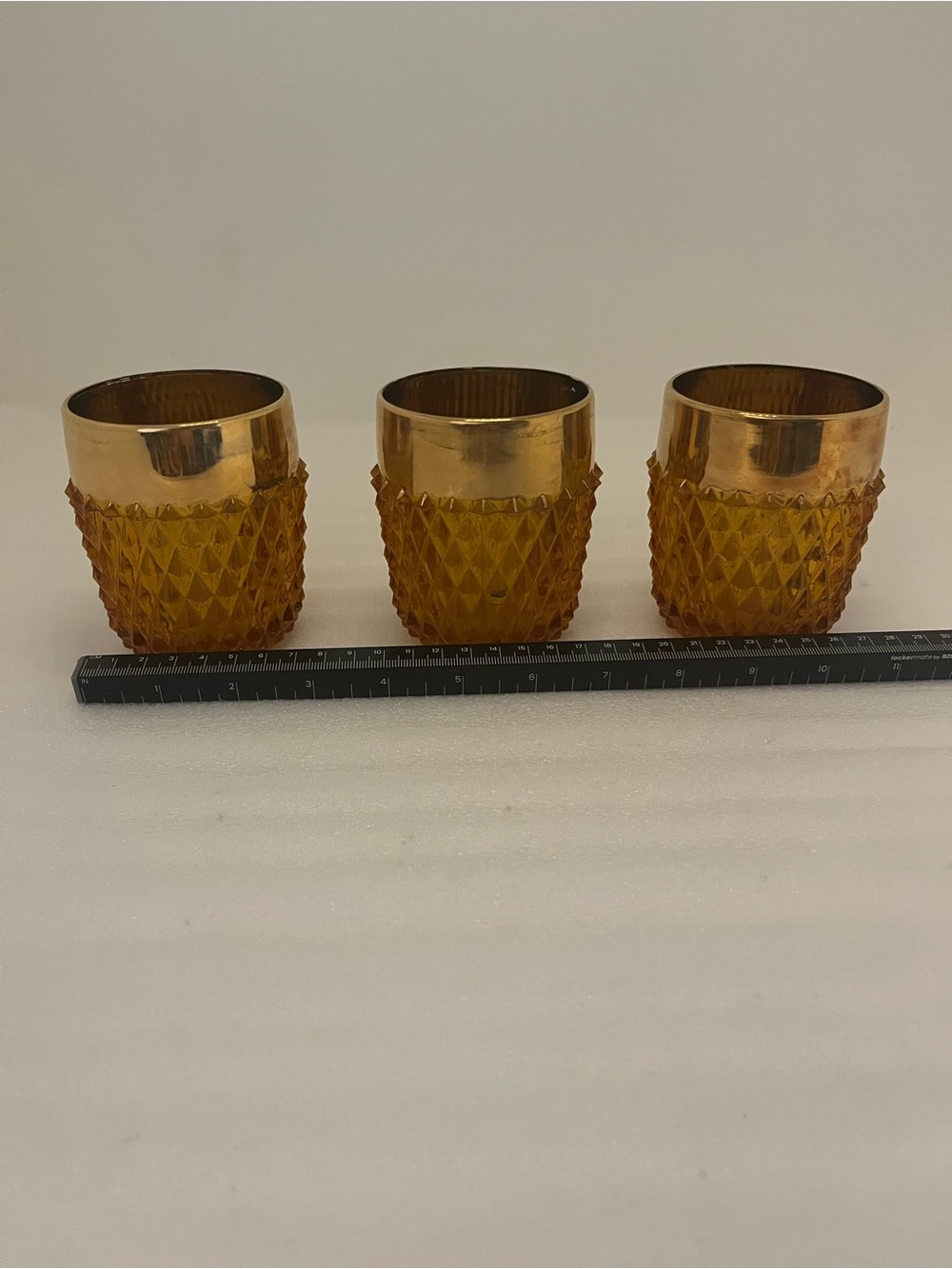 Set of 3 Indiana Amber Diamond Cut Glasses, Gold Rim